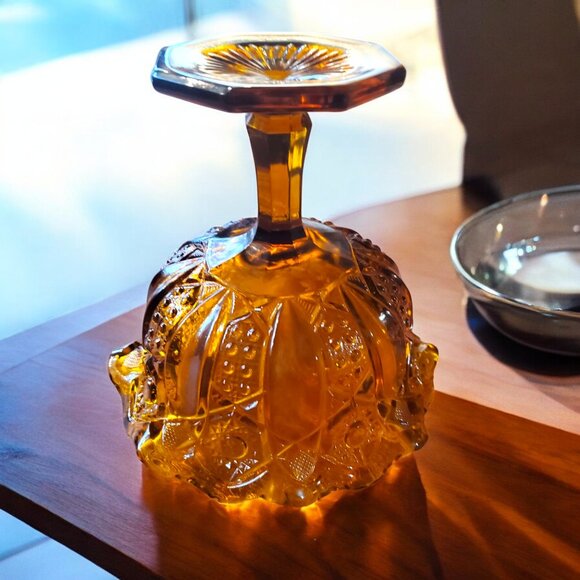 Vintage LE Smith Glass Heritage Quintec Amber Glass Pedestal Compote Candy Dish - Picture 7 of 9